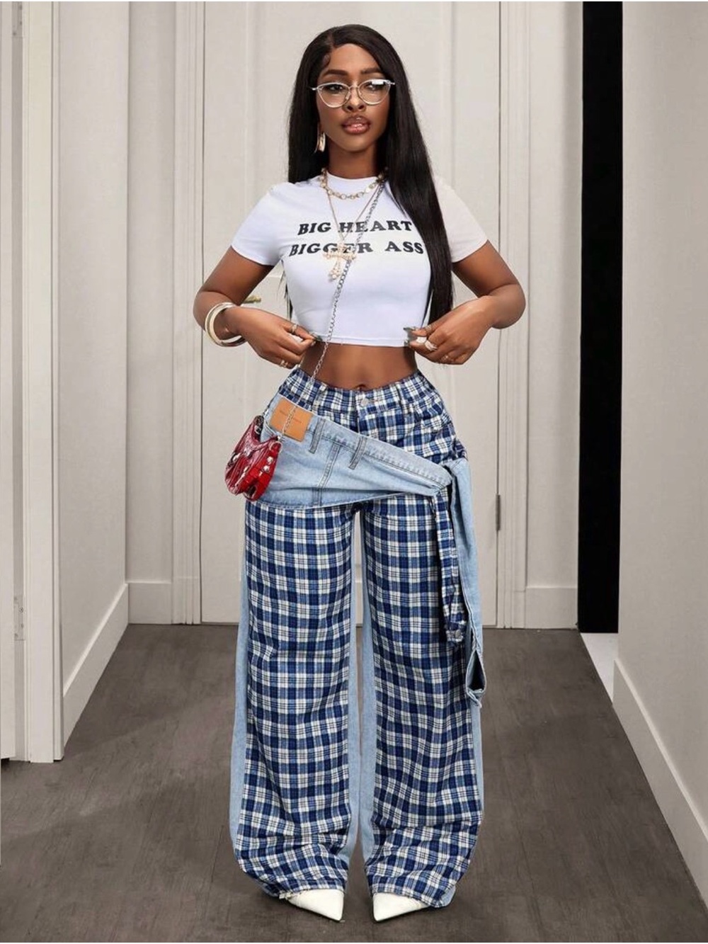 Blue Plaid Wide Leg Pants with Denim Wrap Detail